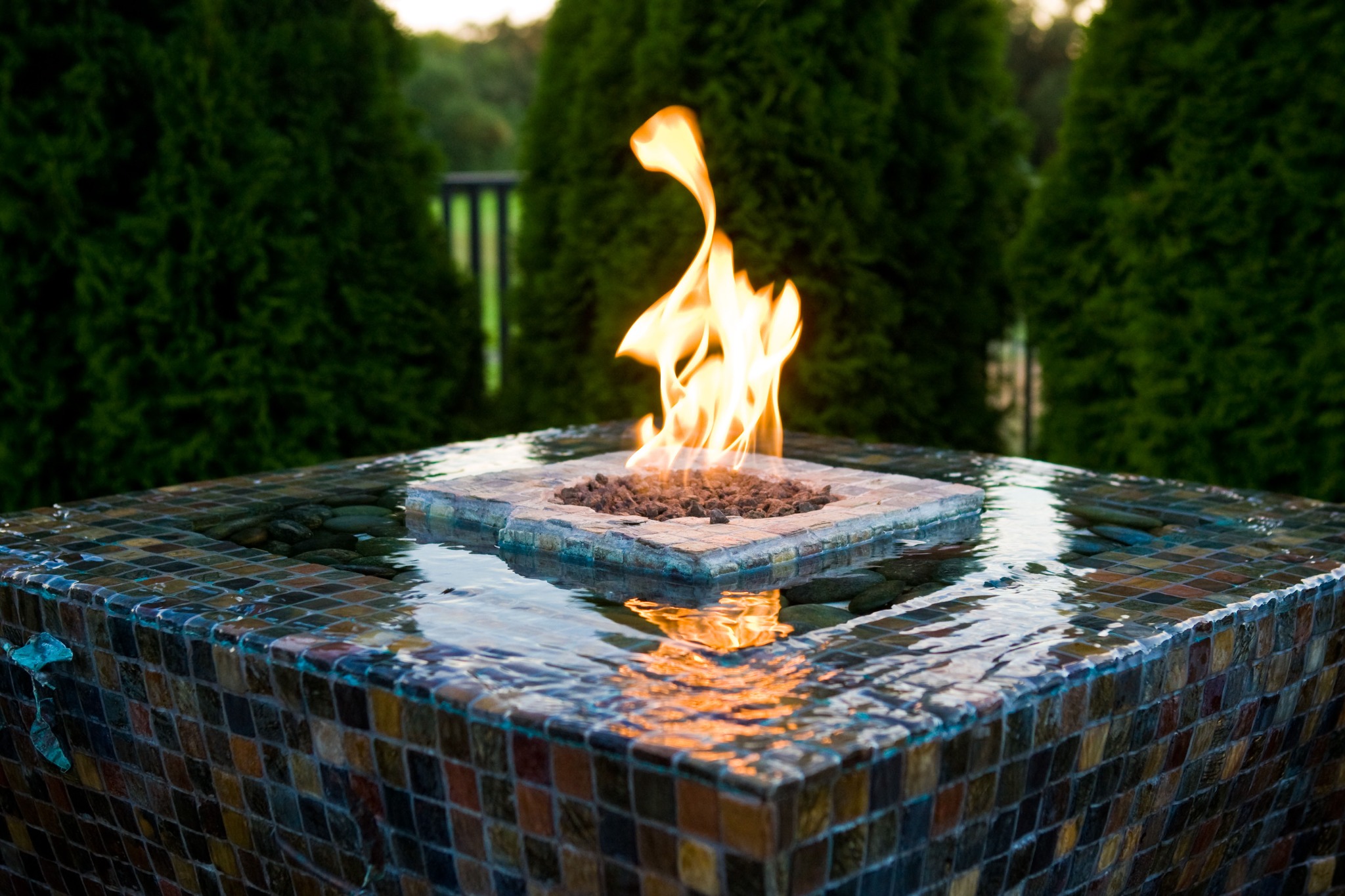 Fire and water feature with glass tile